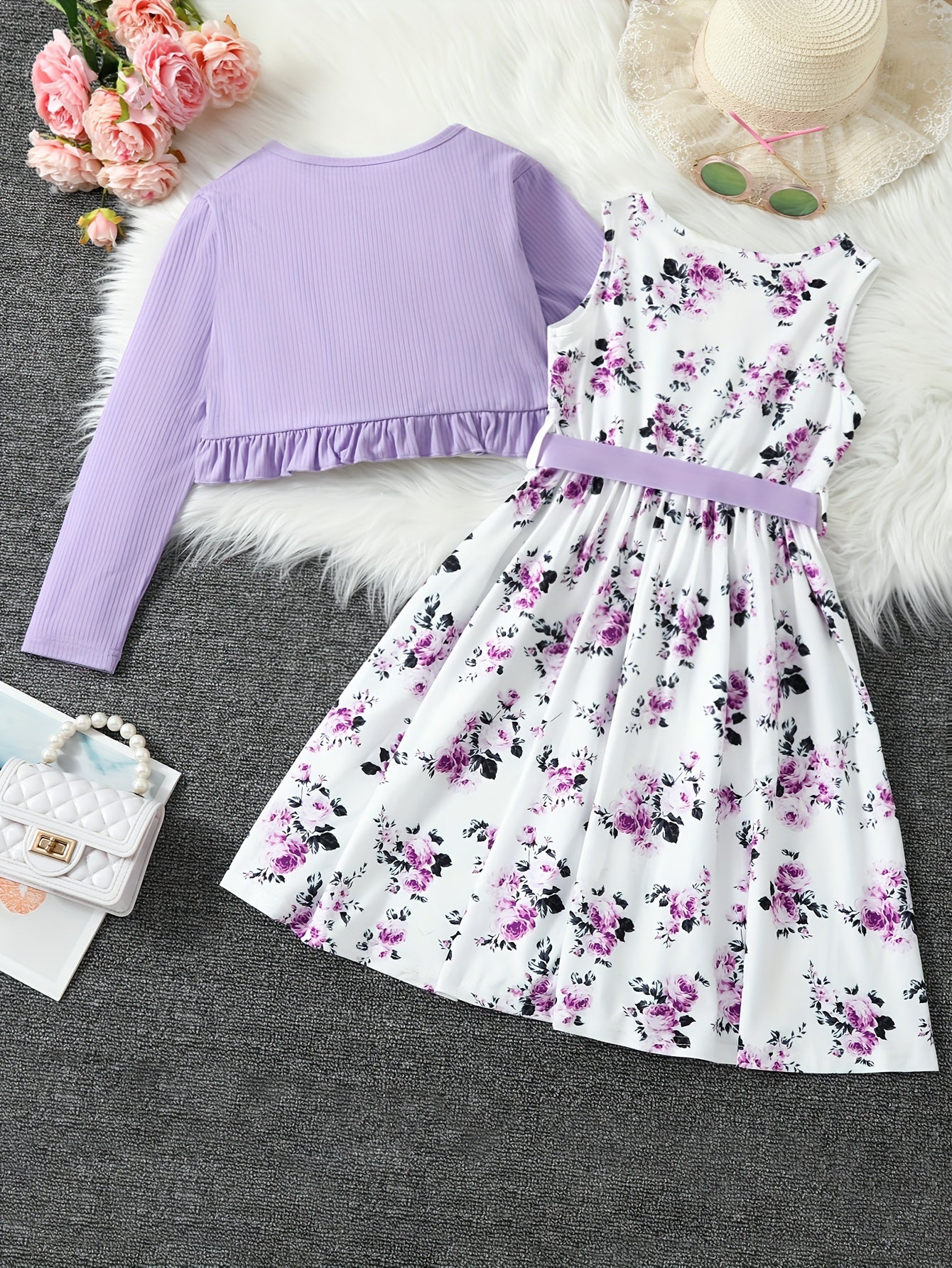 2 Piece Set Ruffle Decoration Cardigan Flower Print Sleeveless Dress