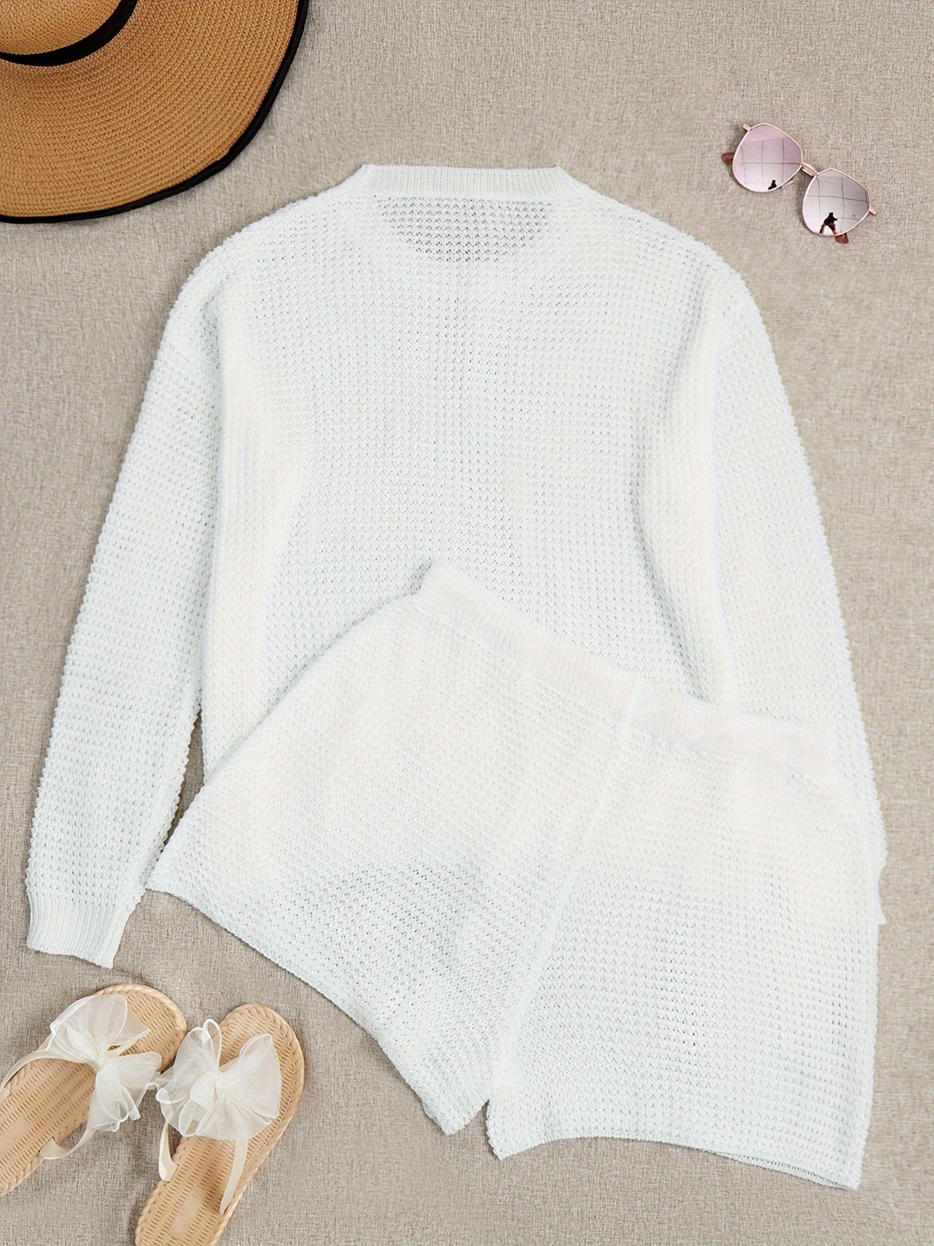Solid Crochet Two-piece Set, Long Sleeve Top & Shorts Outfits, Women's Plus Size Clothing
