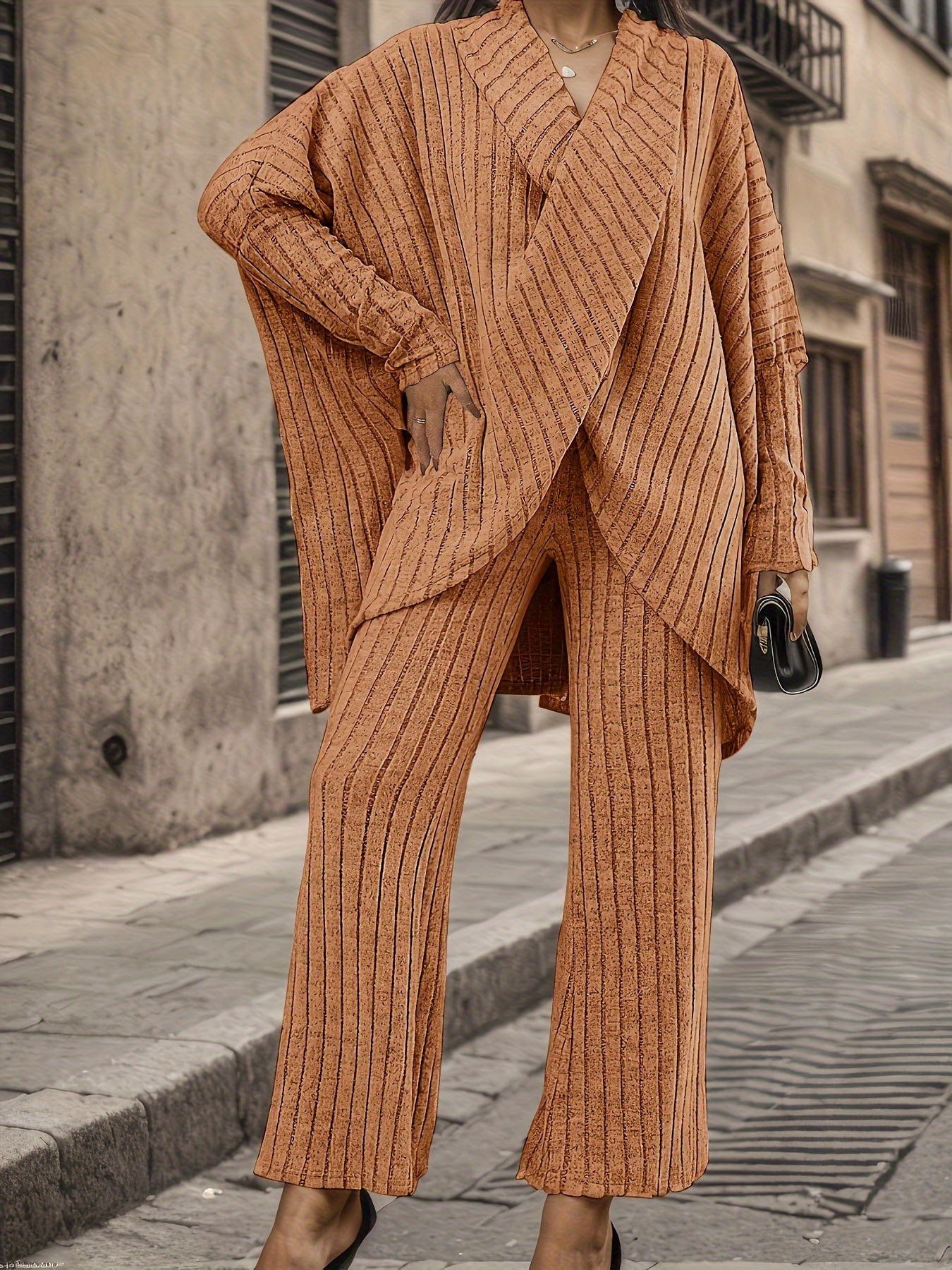 Plus Size Chic Solid Ribbed Two-Piece Outfit