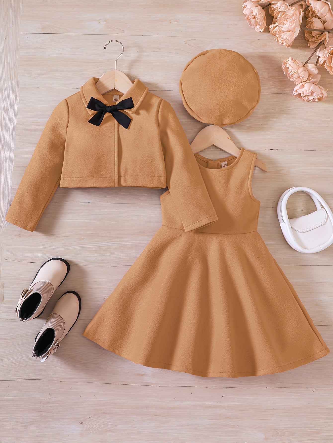 3pcs, Bowknot Coat & Beret & Tank Dress Set