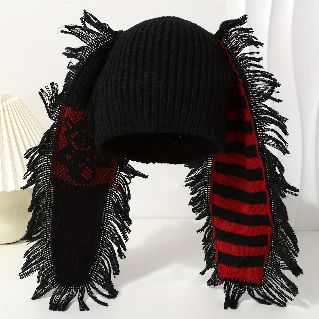 Chic Rabbit Ear Knit Beanie with Striped Tassel
