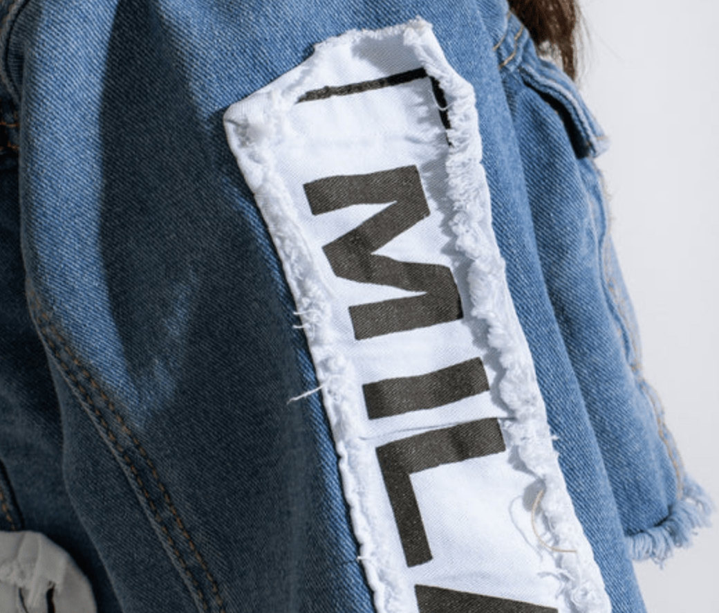 Vibrant Blue Alphabet Print Cropped Denim Jacket