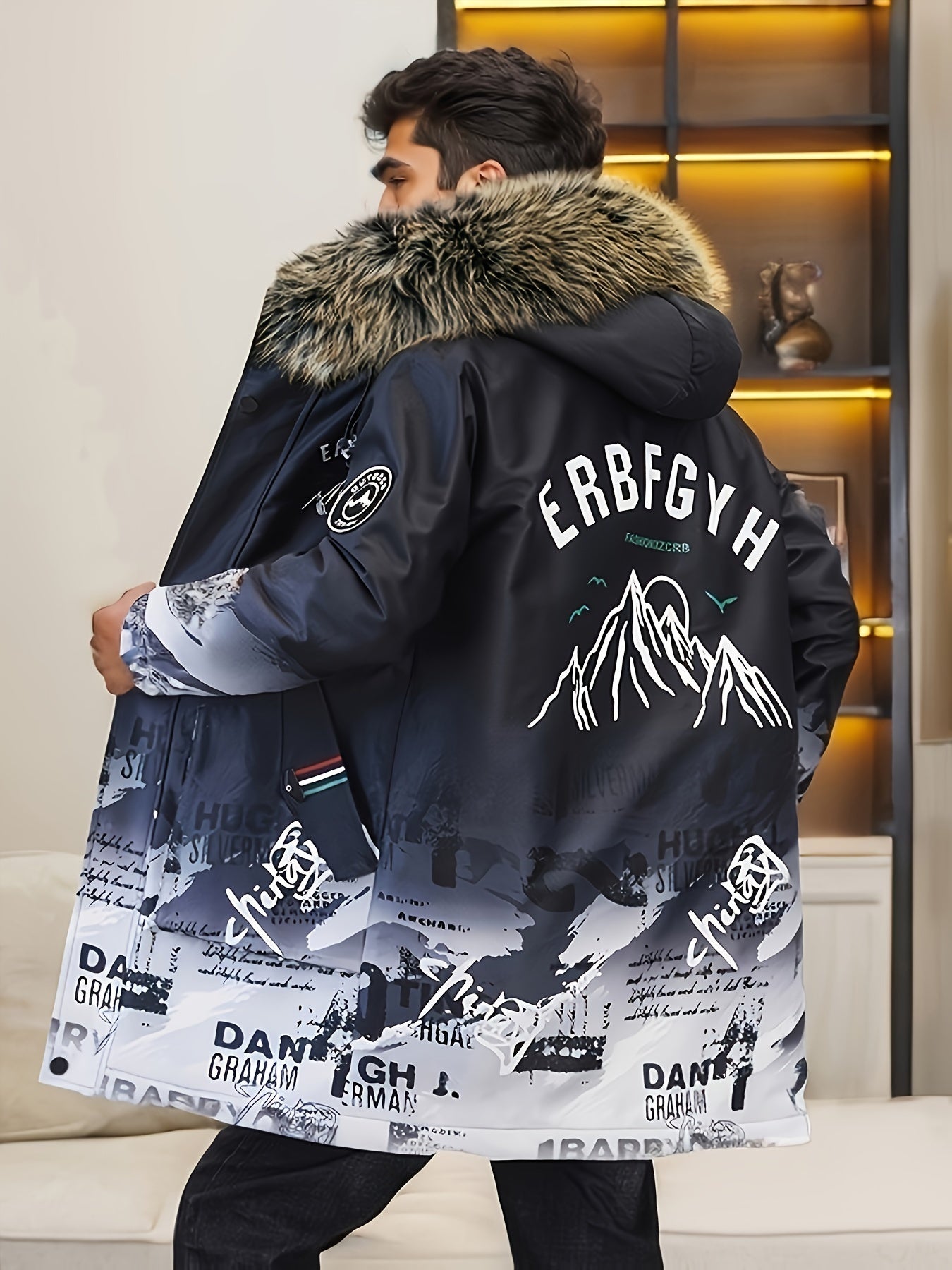 Mens Fashionable Mountain Print Hooded Jacket