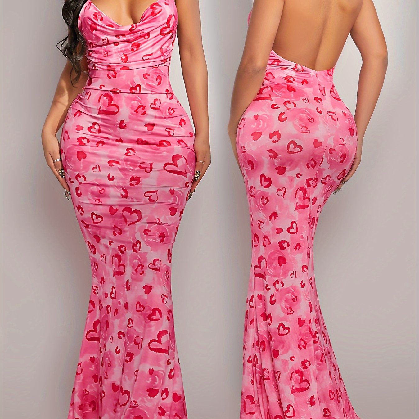 Valentine'S Day Pink Dress with Full Print of Love Flowers