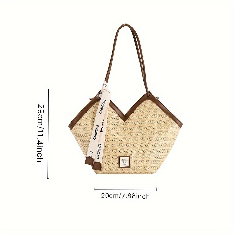 Retro Straw Tote Bag,Vacation Shoulder Bag, Trendy Woven Beach Bag For Travel Holiday