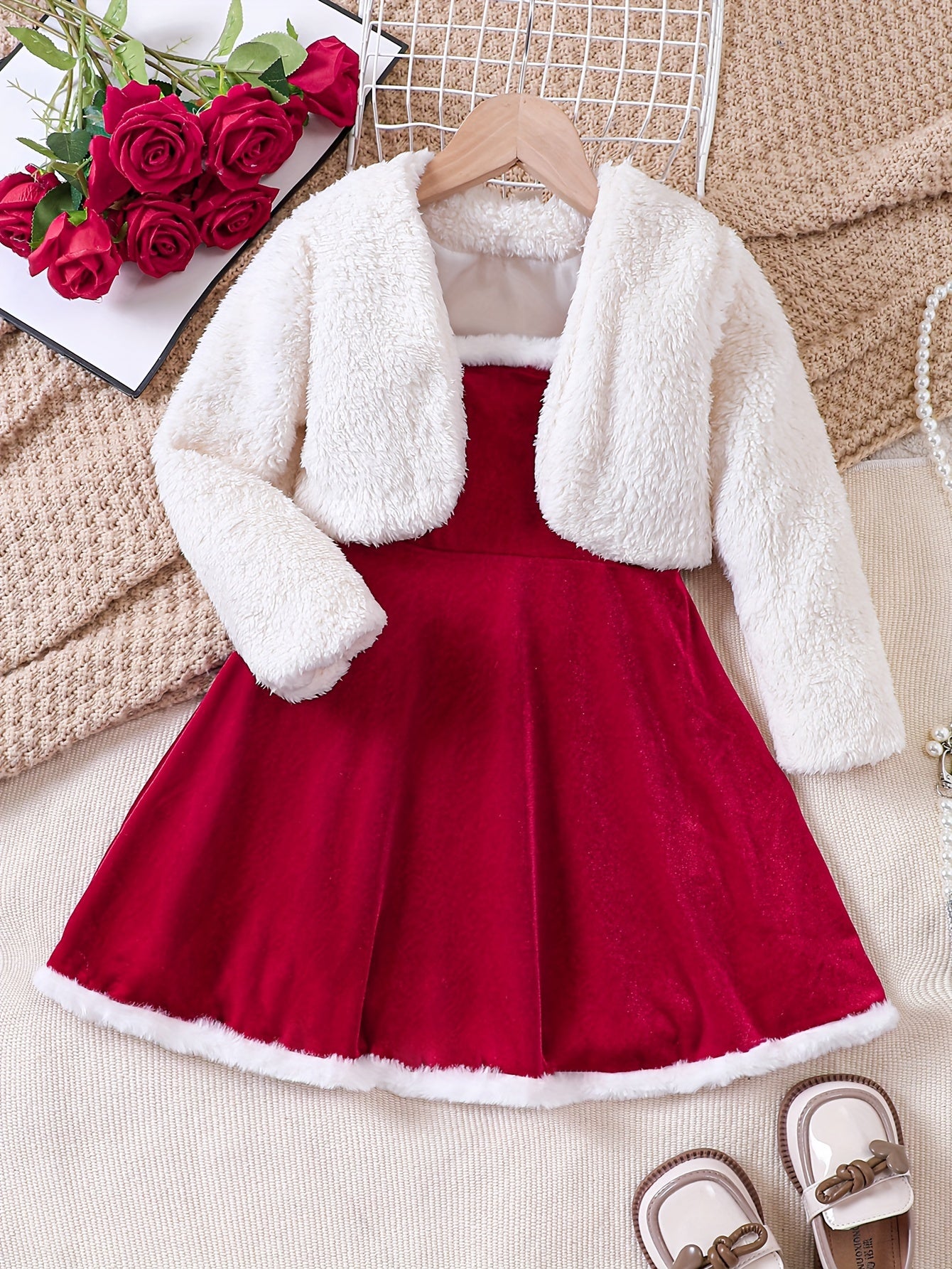 2 Pcs Plush Long Sleeve Cardigan + Cami Dress Set for Girls