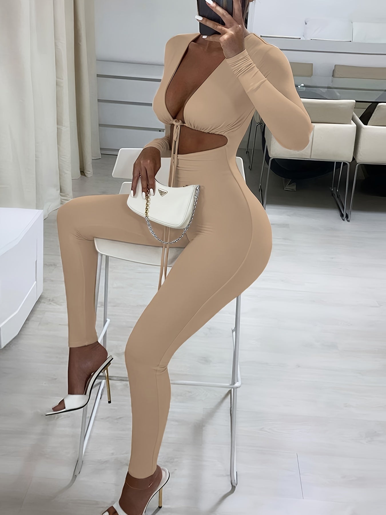 Long Sleeve Tie Front Cut Out Slim Jumpsuit