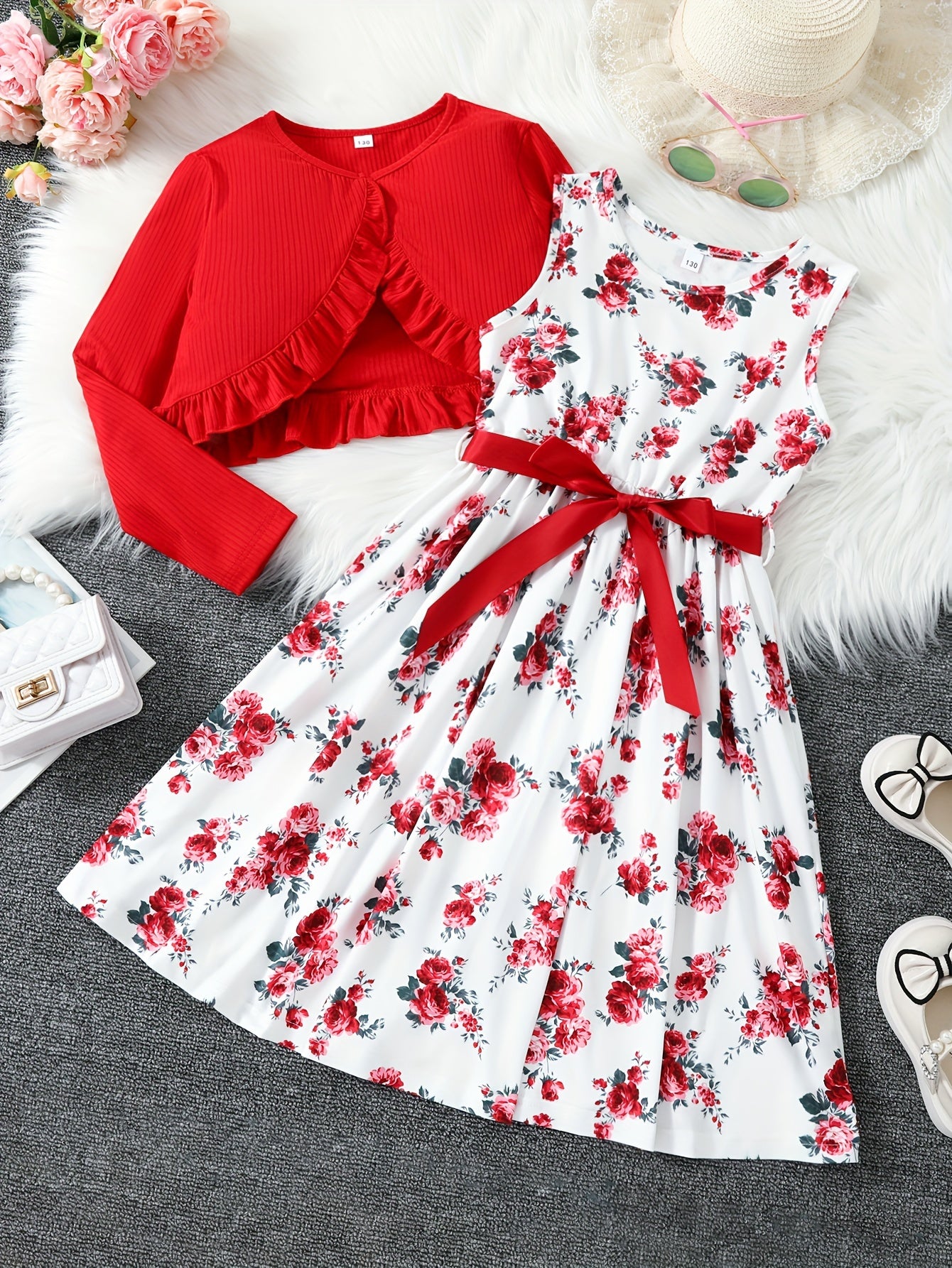 2 Piece Set Ruffle Decoration Cardigan Flower Print Sleeveless Dress