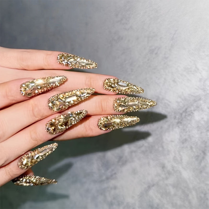 Luxurious 10PCS Golden Glitter Stiletto Press-On Nail Forms Set