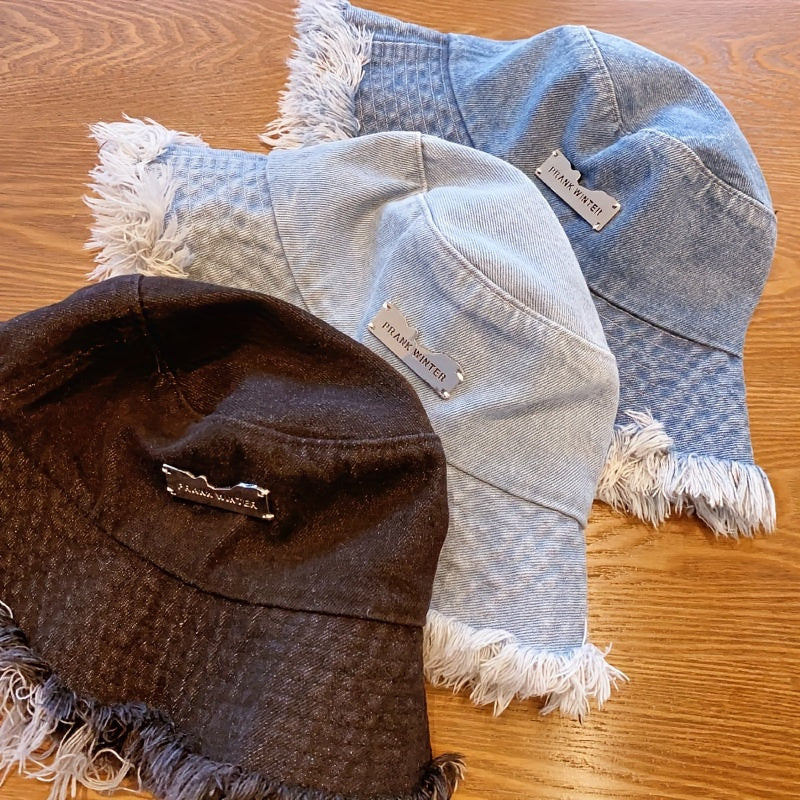 Raw Hem Denim Bucket Hat Letter