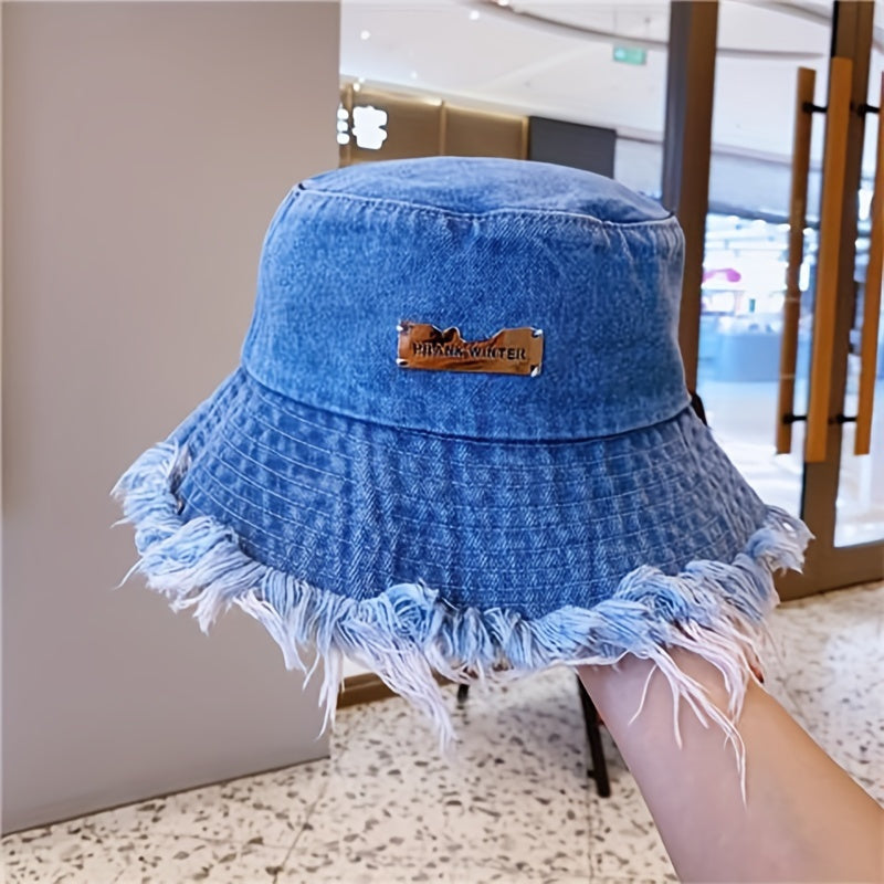 Raw Hem Denim Bucket Hat Letter