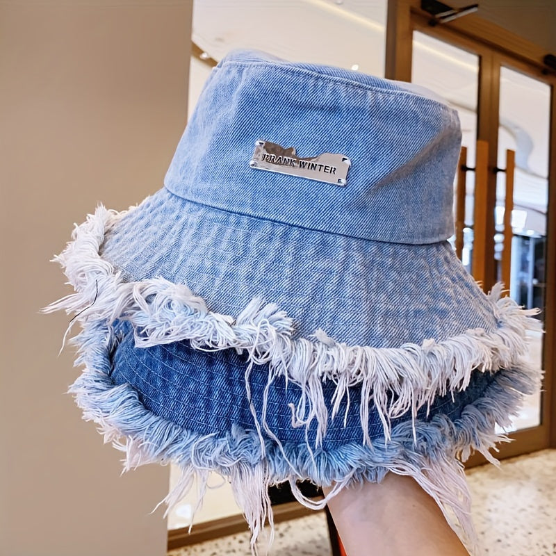 Raw Hem Denim Bucket Hat Letter