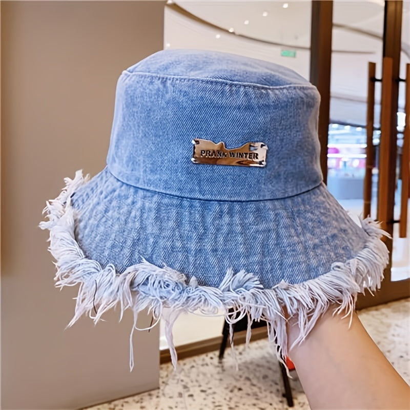 Raw Hem Denim Bucket Hat Letter