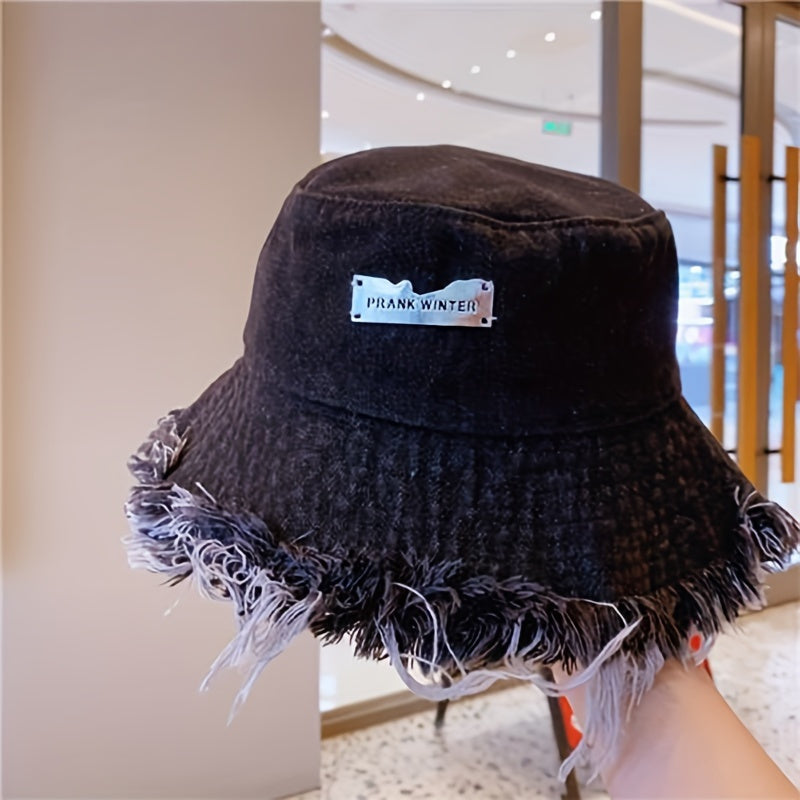 Raw Hem Denim Bucket Hat Letter