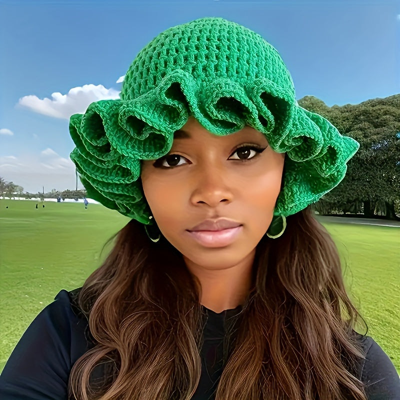 Hand Crochet Adult Lace Ruffle Hat Flower Brim Hat