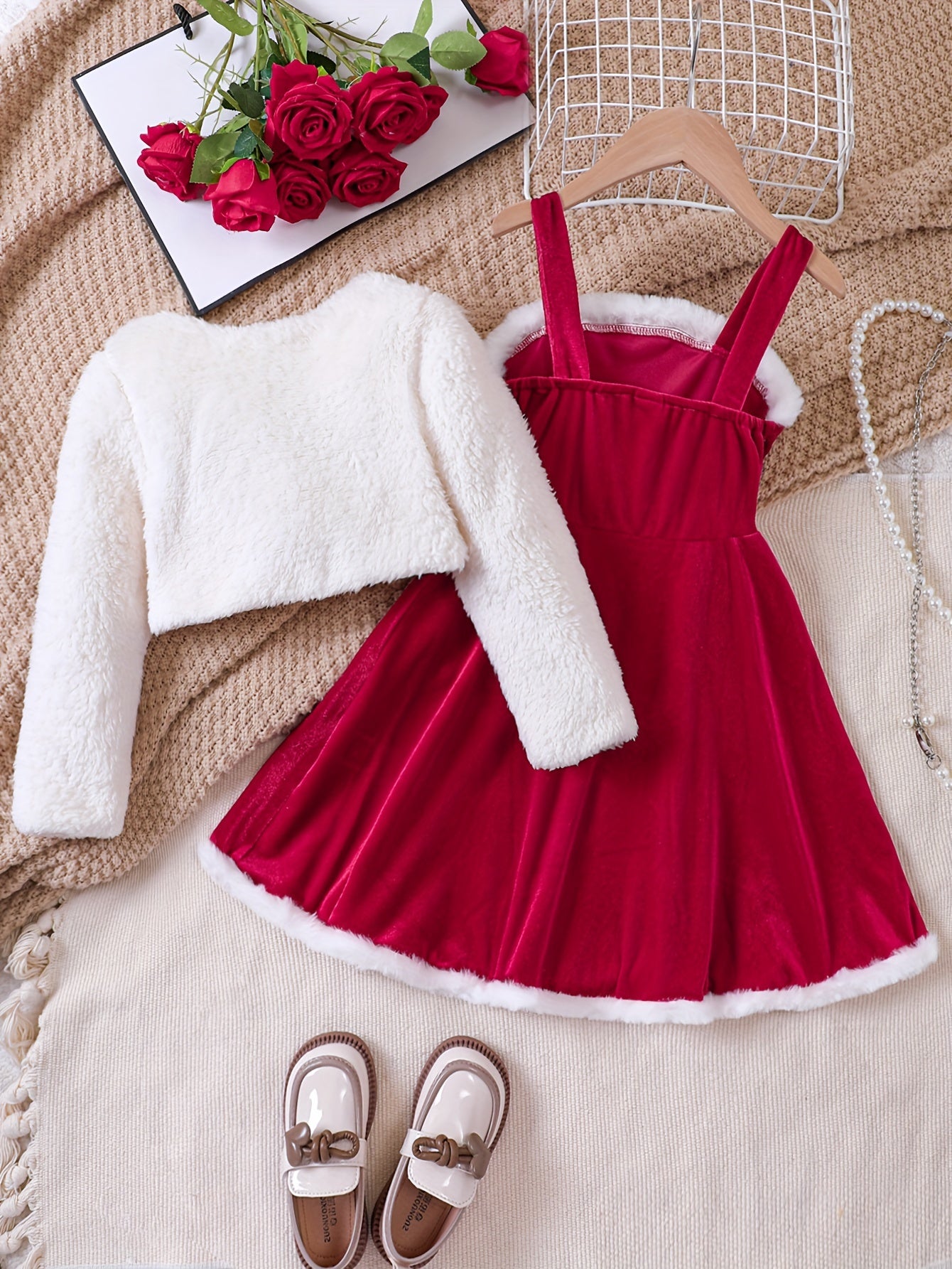 2 Pcs Plush Long Sleeve Cardigan + Cami Dress Set for Girls
