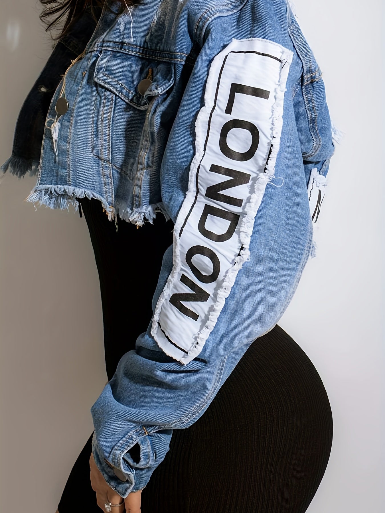 Vibrant Blue Alphabet Print Cropped Denim Jacket