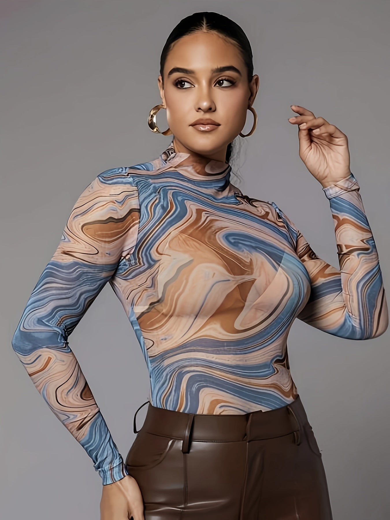 Marble Print Mock Neck Mesh Bodysuit