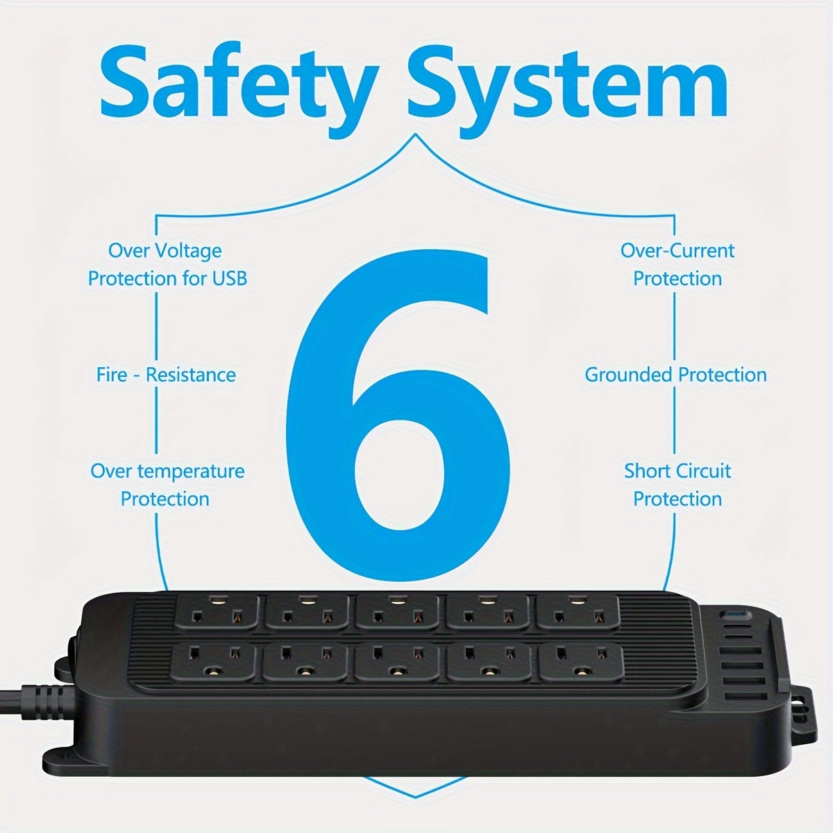 10-Outlet Flat Plug Power Strip with 6 USB Ports (2 USB-C)