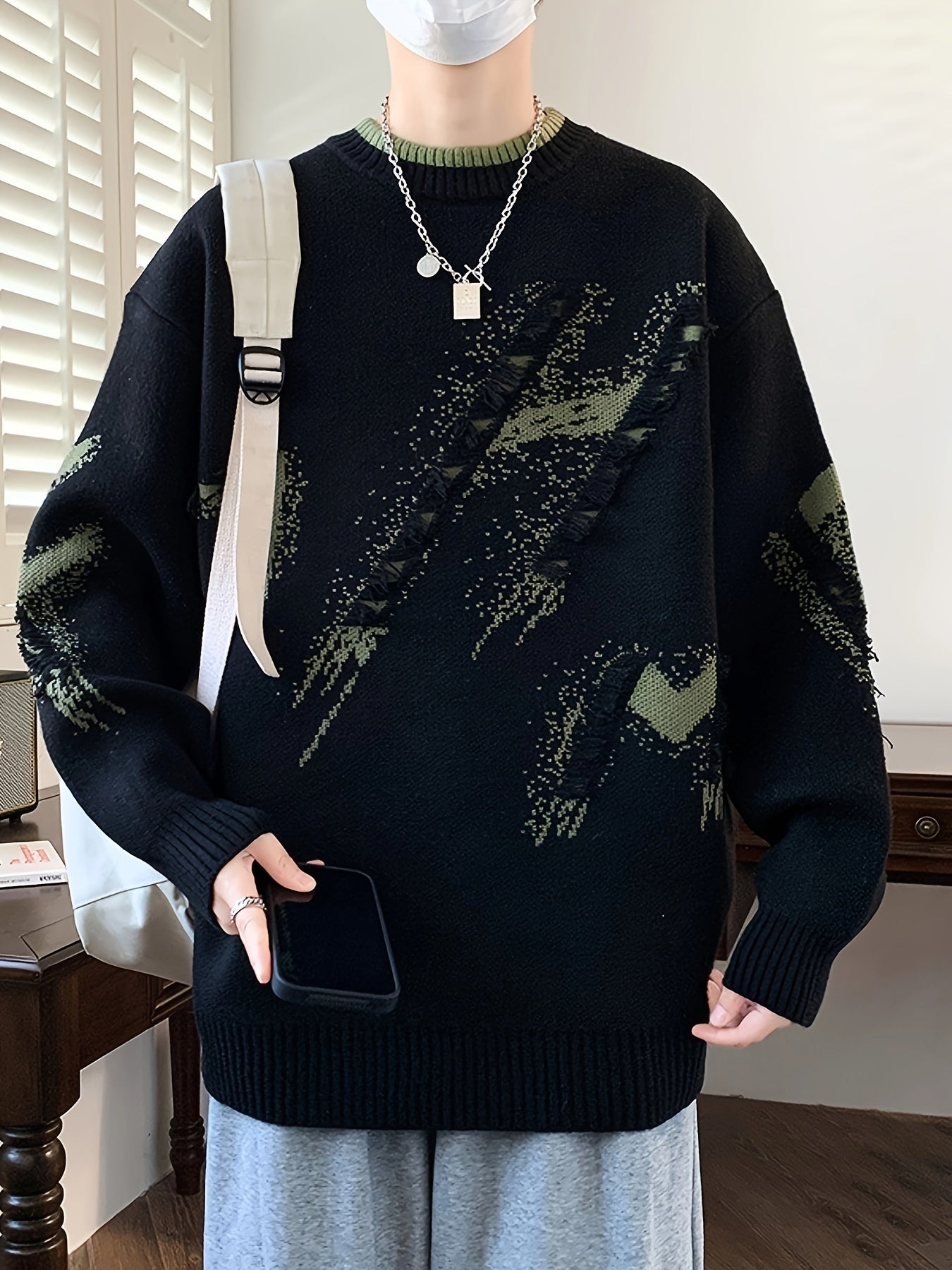 Cozy Loose Fit Color Block Frayed Knitted Pullover Sweater