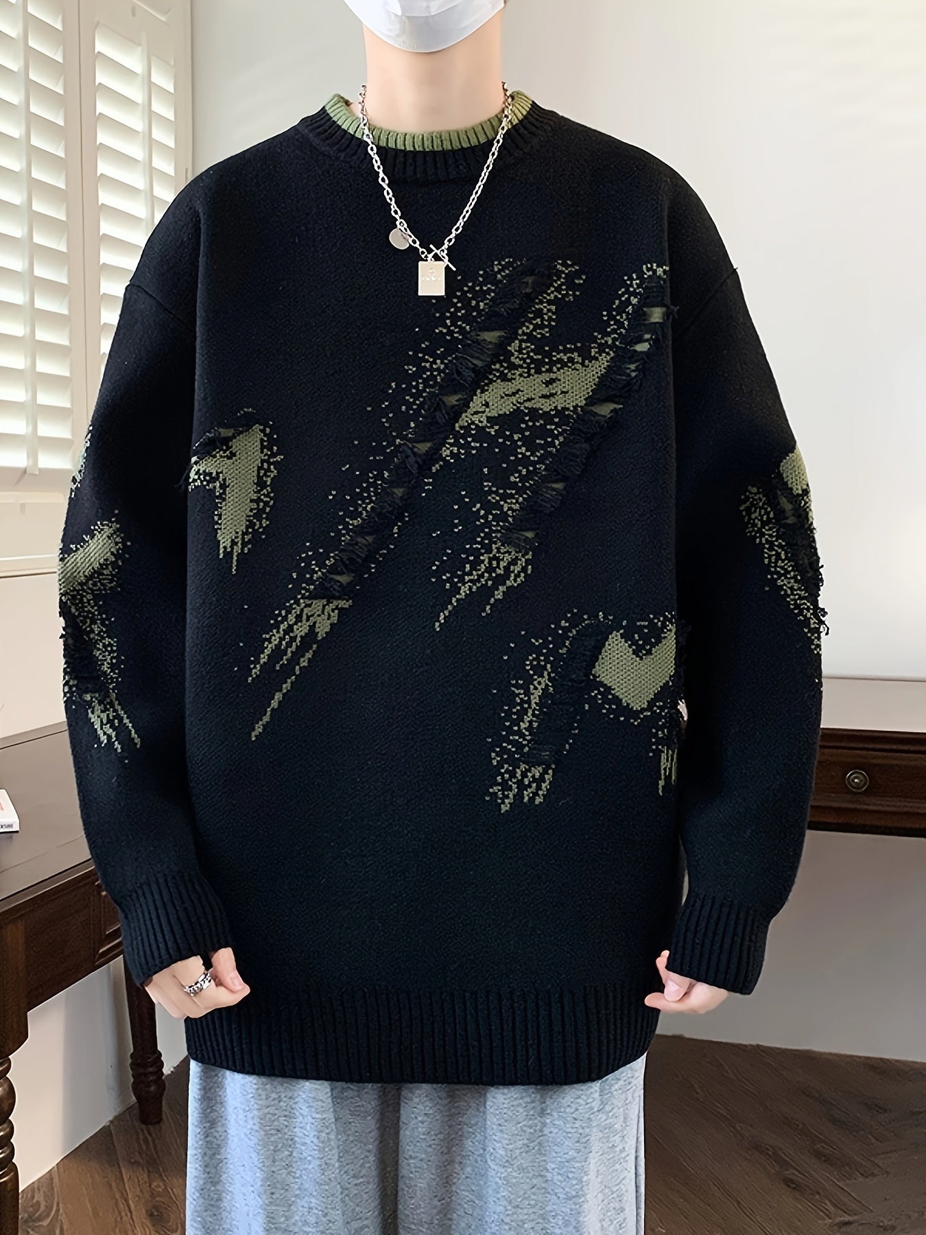 Cozy Loose Fit Color Block Frayed Knitted Pullover Sweater