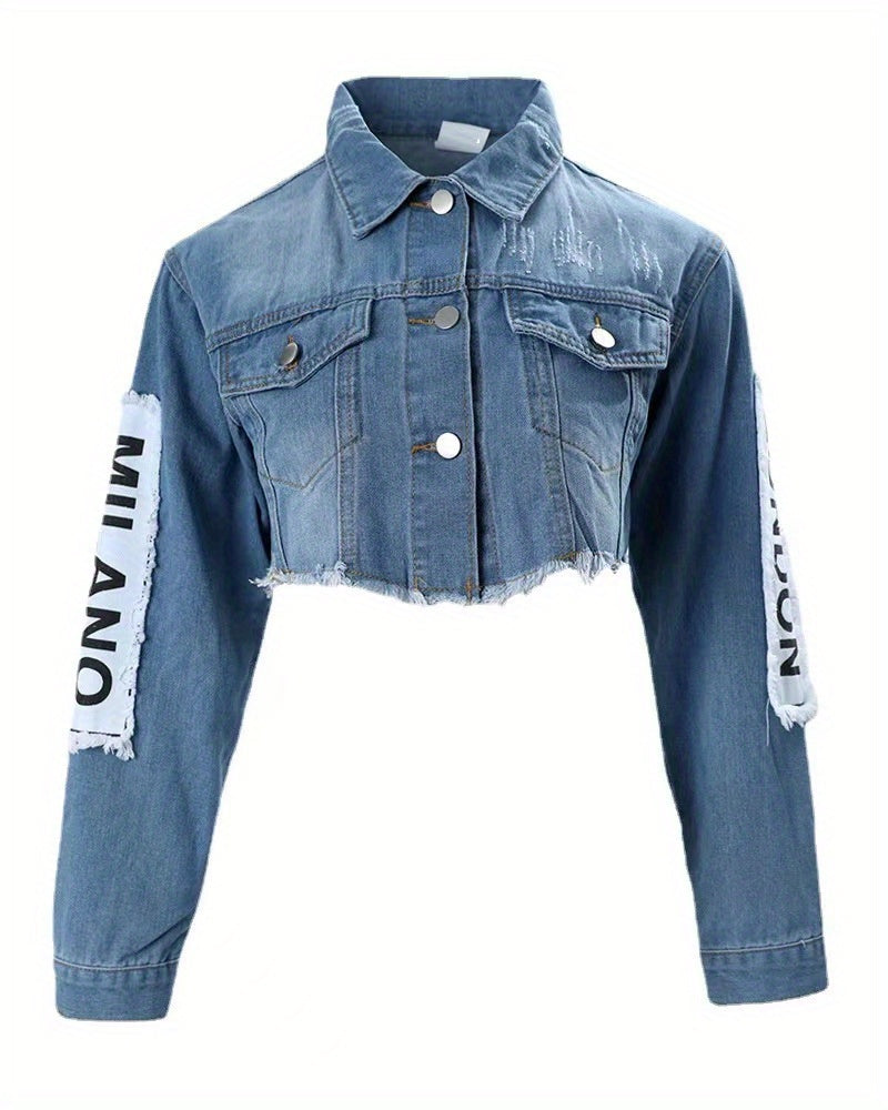 Vibrant Blue Alphabet Print Cropped Denim Jacket