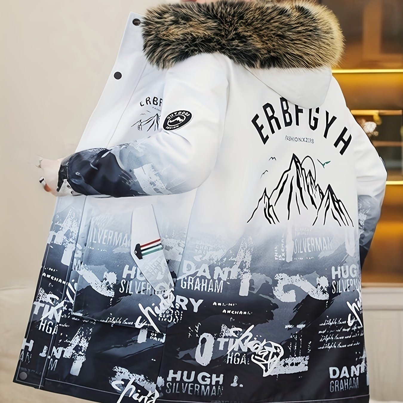Mens Fashionable Mountain Print Hooded Jacket