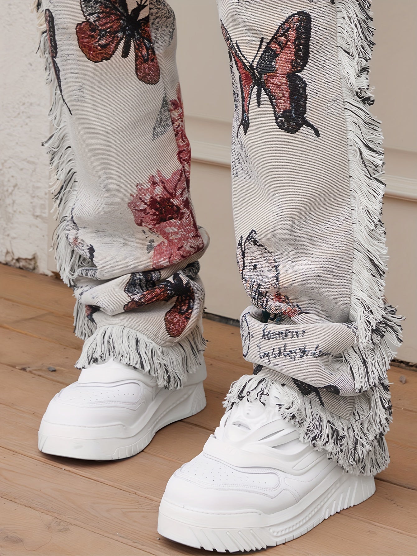 Vintage Butterfly Pattern Loose Straight Leg Long Pants