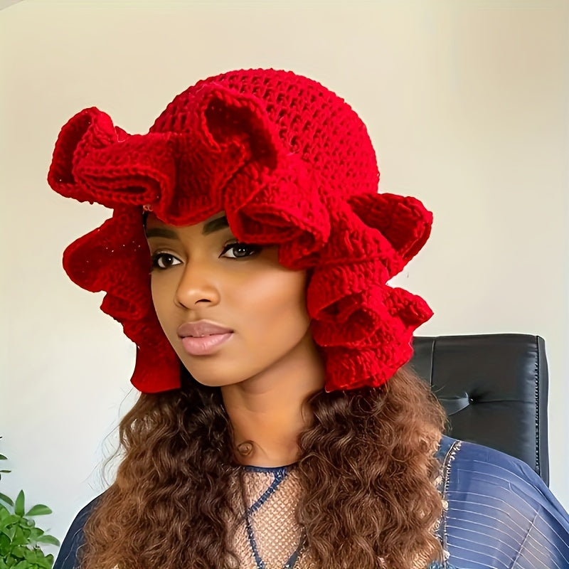 Hand Crochet Adult Lace Ruffle Hat Flower Brim Hat