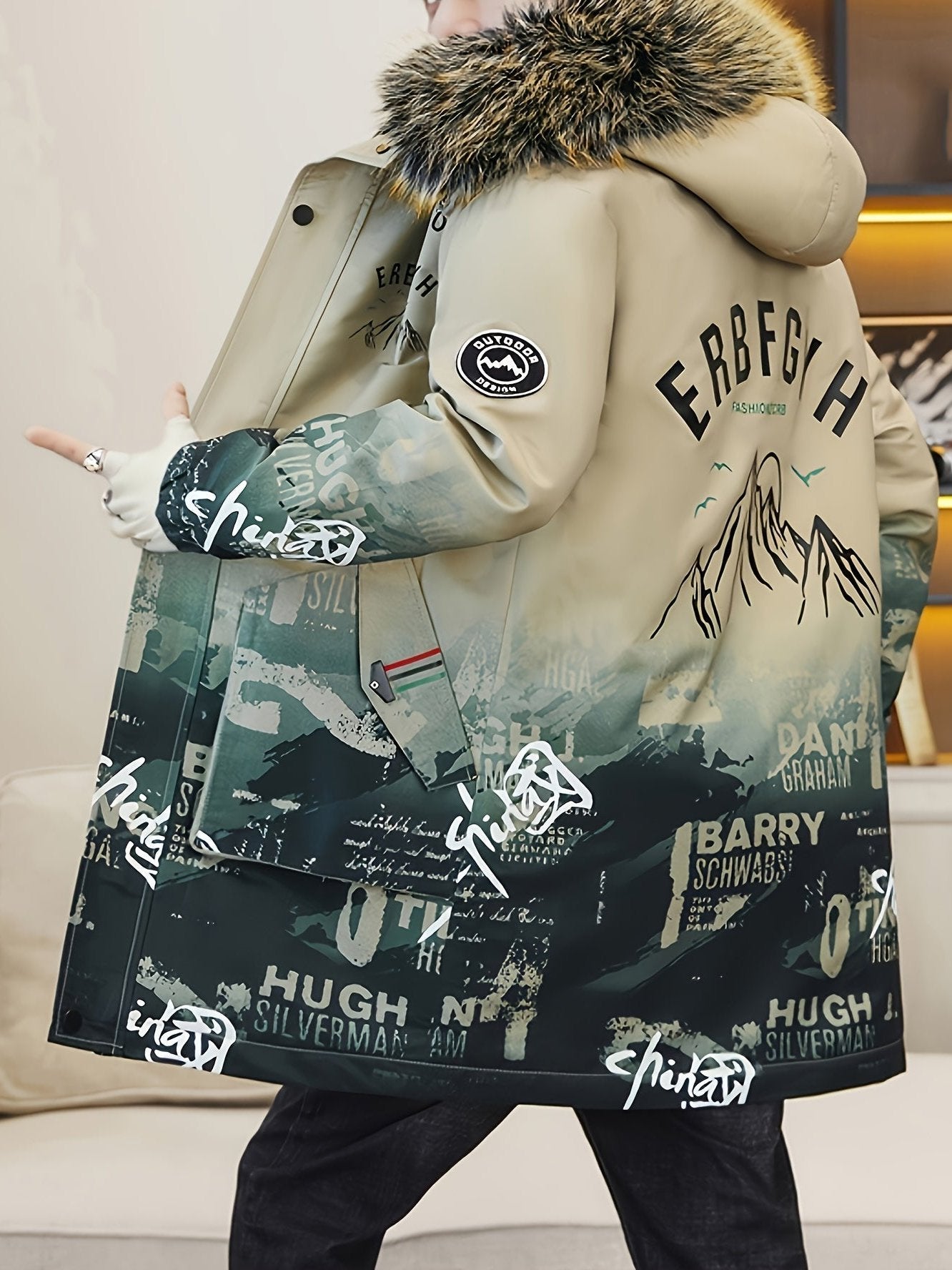 Mens Fashionable Mountain Print Hooded Jacket