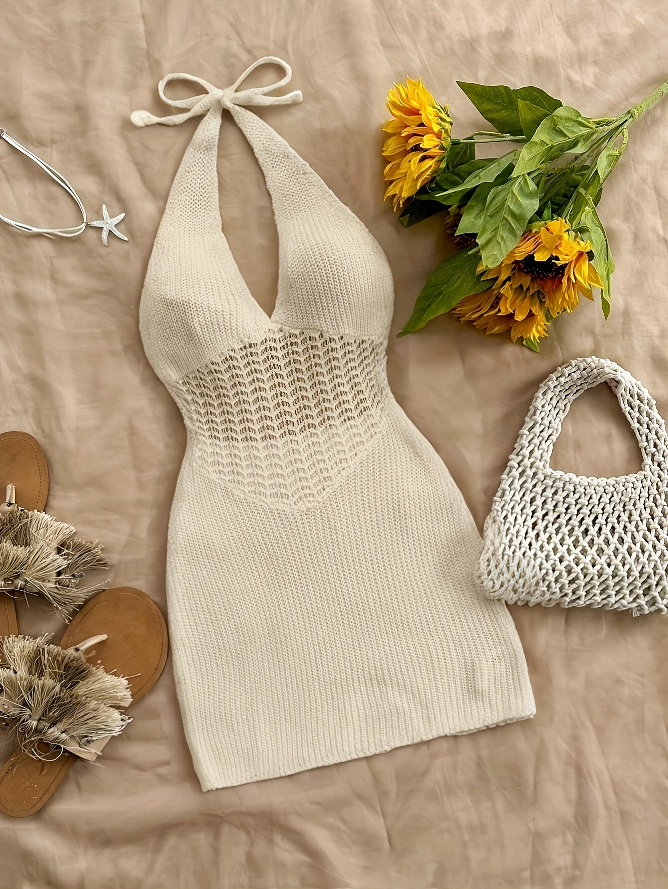 Hollow Out Halter Tie Neck Backless Dress