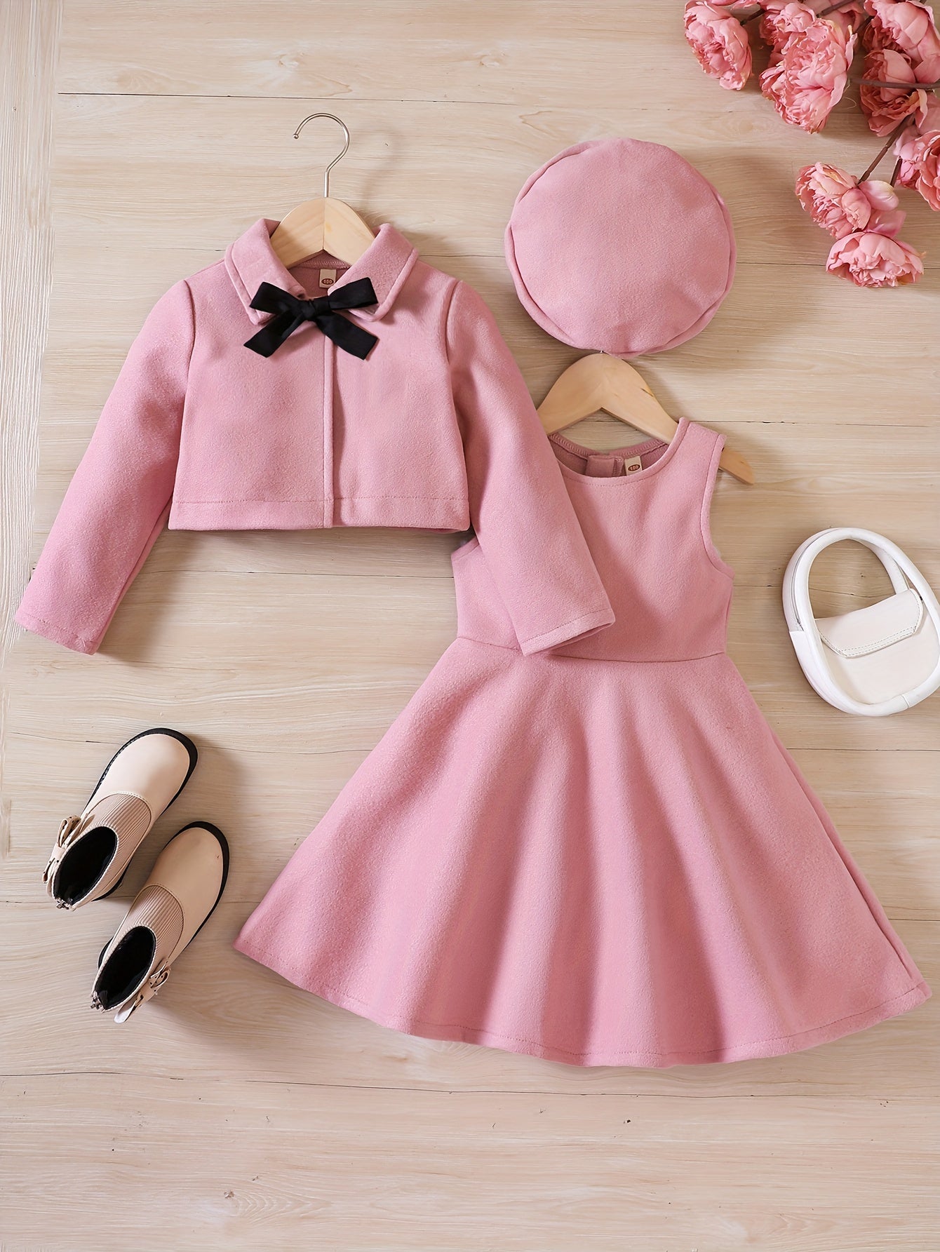 3pcs, Bowknot Coat & Beret & Tank Dress Set