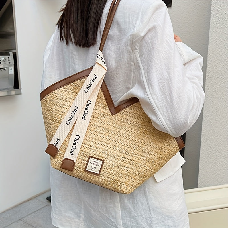 Retro Straw Tote Bag,Vacation Shoulder Bag, Trendy Woven Beach Bag For Travel Holiday