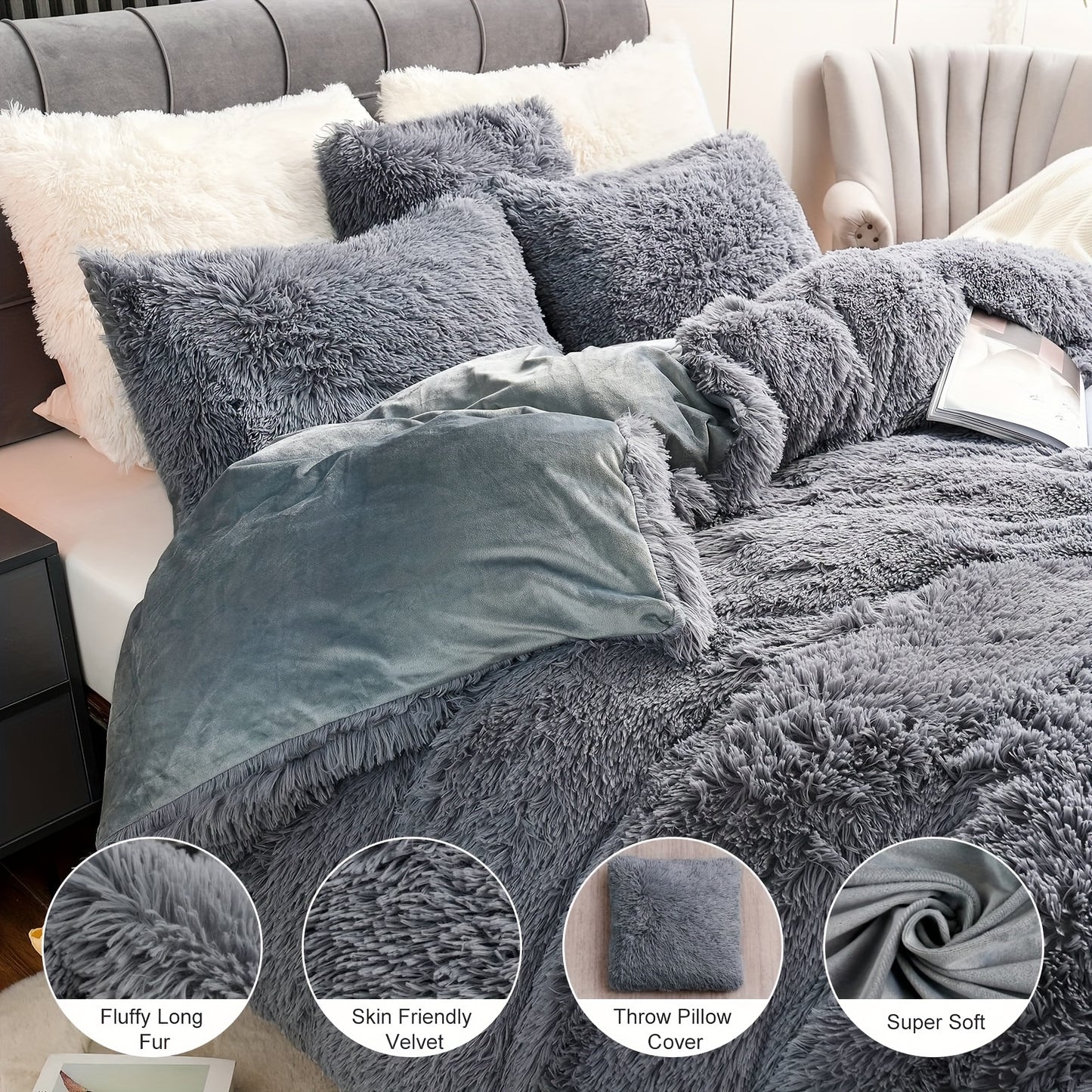 3Pcs/4Pcs Luxury Velvet Plush Duvet Cover Set - Ultra Soft, Zipper Closure, Machine Washable, Lightweight, Fantasy Solid Color Design - Queen Size, 1 Faux Fur Duvet Cover + 1/2 Pillow Cases + 1 Pillow Cover