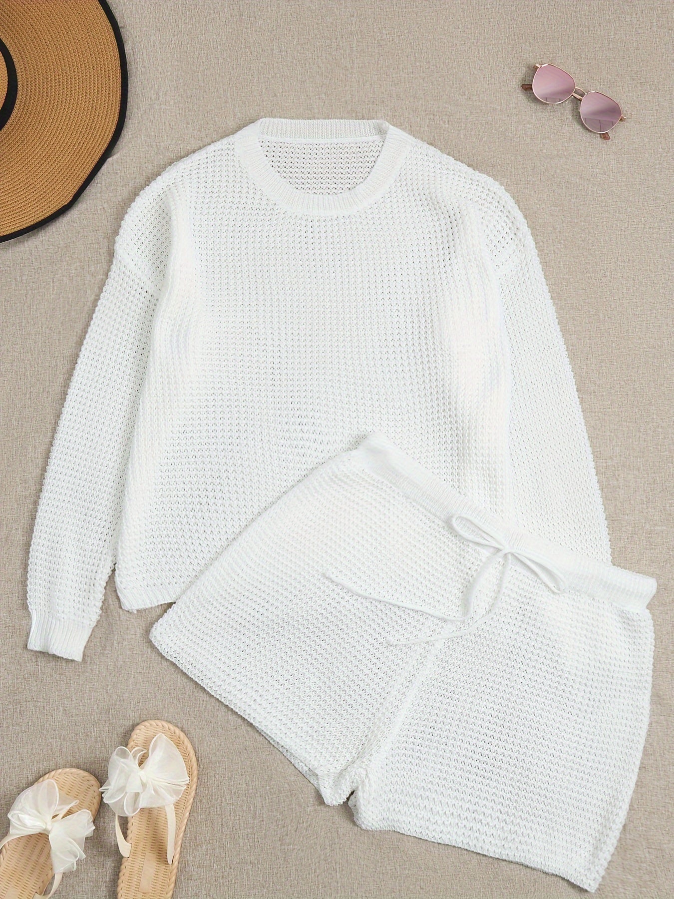 Solid Crochet Two-piece Set, Long Sleeve Top & Shorts Outfits, Women's Plus Size Clothing