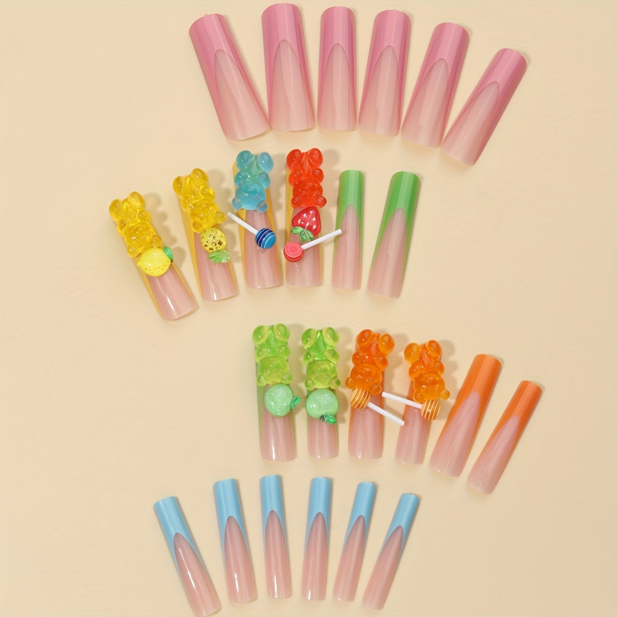 24pcs Vibrant Gummy Bear & Lollipop Charms Square Nail Set