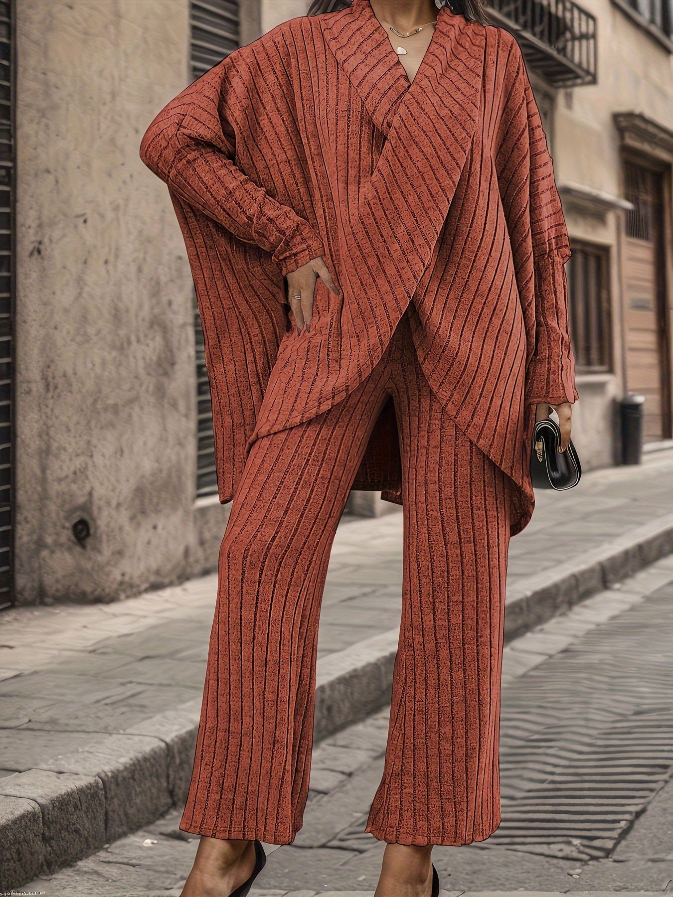 Plus Size Chic Solid Ribbed Two-Piece Outfit