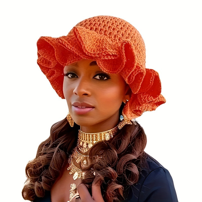 Hand Crochet Adult Lace Ruffle Hat Flower Brim Hat