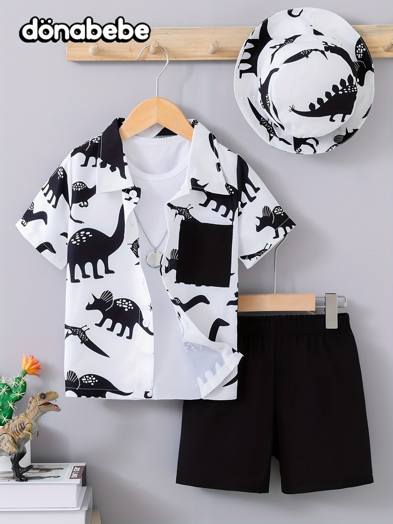 3pcs Boy's Casual Short Sleeve Collared Shirt With Hat & Shorts Set