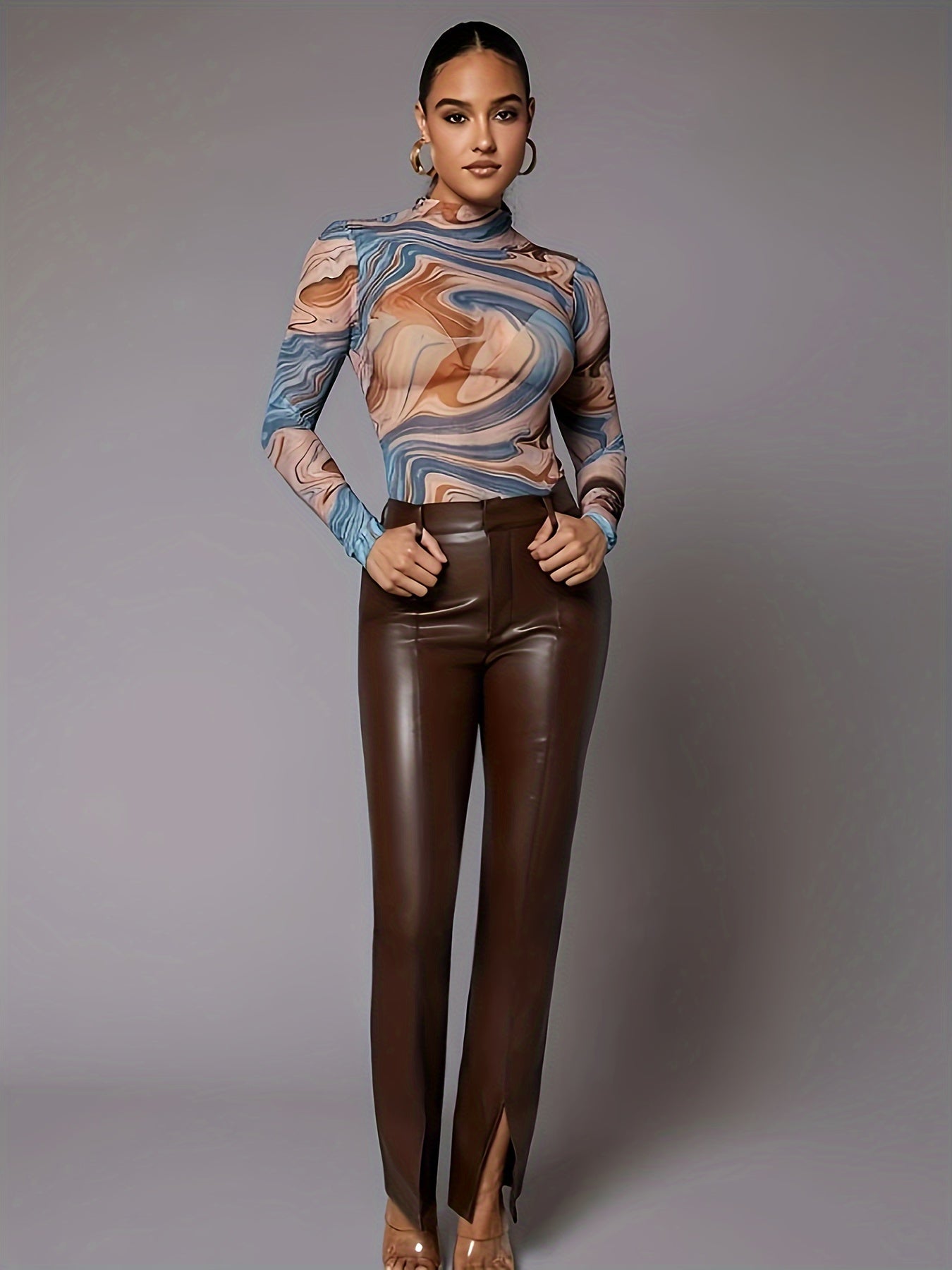 Marble Print Mock Neck Mesh Bodysuit