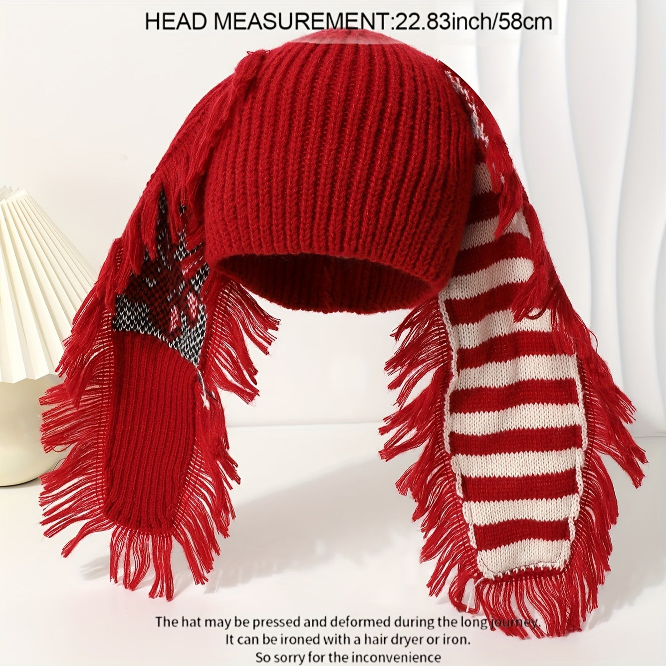 Chic Rabbit Ear Knit Beanie with Striped Tassel