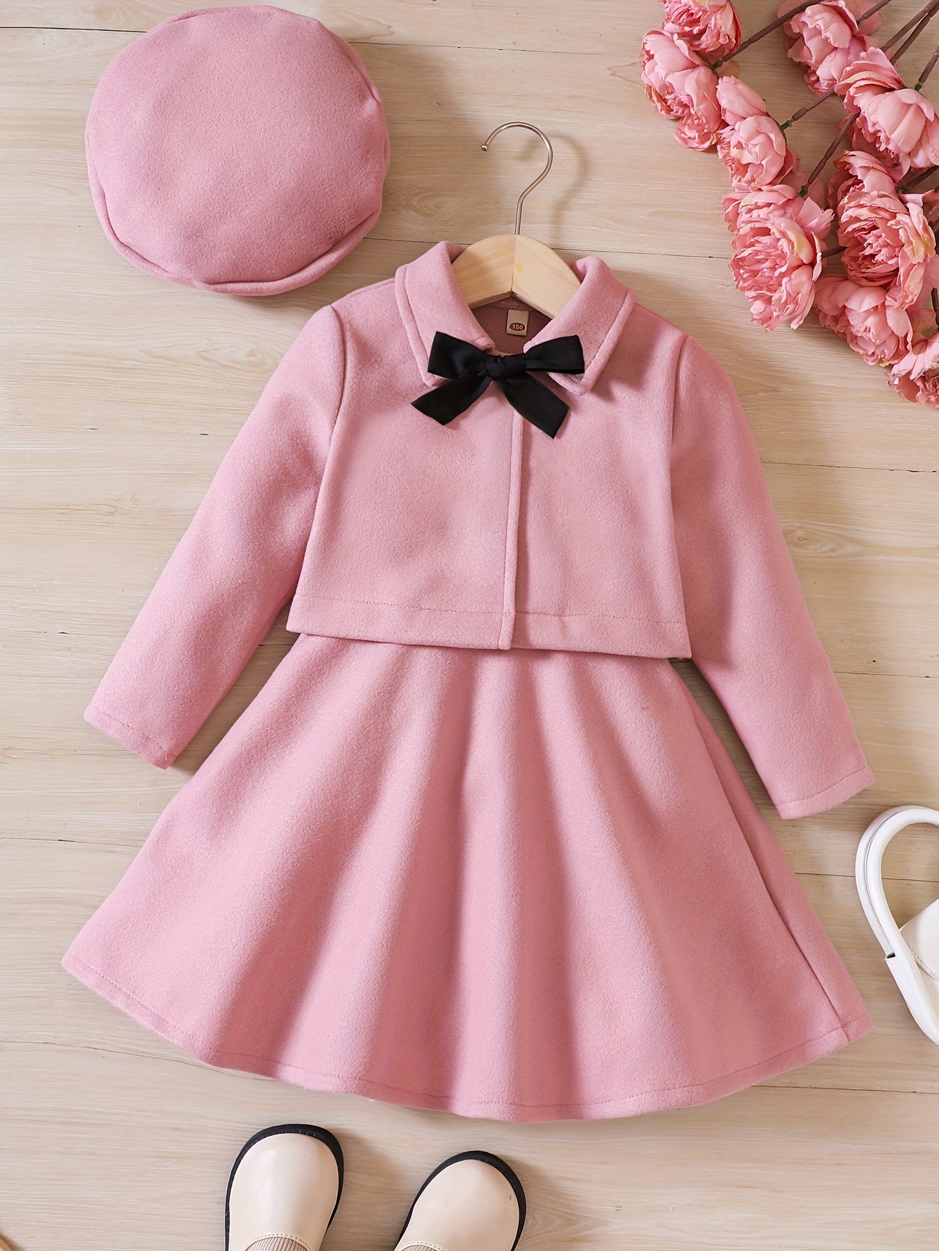 3pcs, Bowknot Coat & Beret & Tank Dress Set