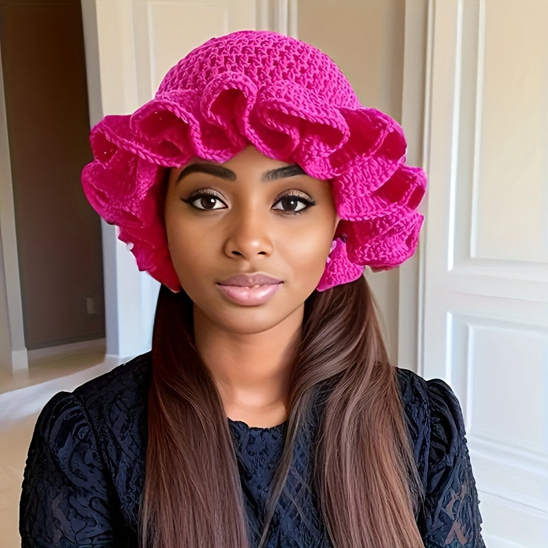 Hand Crochet Adult Lace Ruffle Hat Flower Brim Hat
