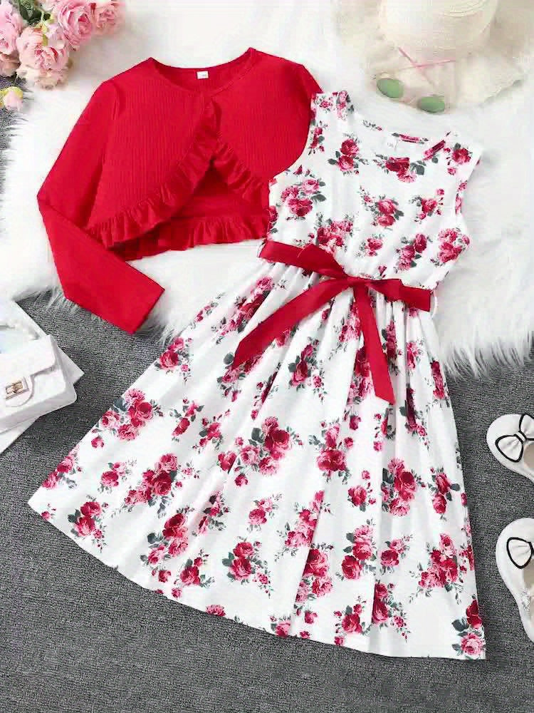 2 Piece Set Ruffle Decoration Cardigan Flower Print Sleeveless Dress