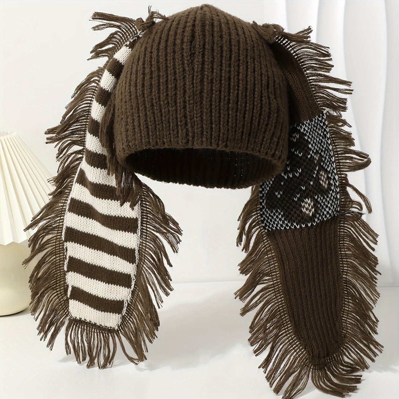 Chic Rabbit Ear Knit Beanie with Striped Tassel