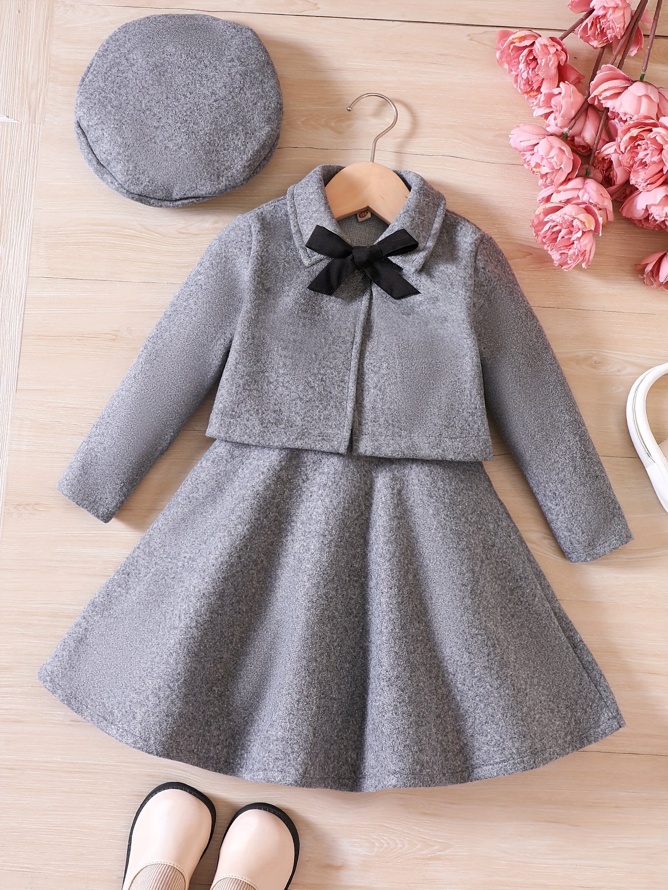 3pcs, Bowknot Coat & Beret & Tank Dress Set