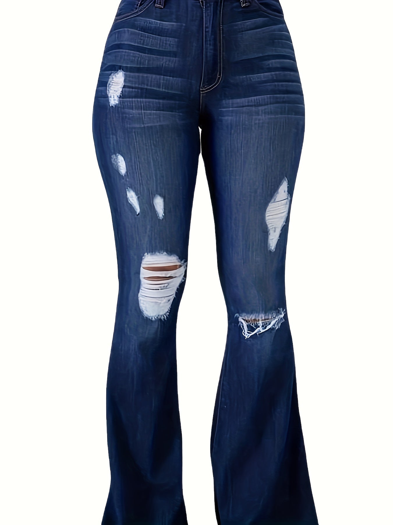 Plus Size Stylish Flare Leg Womens High-Waisted Stretchy Ripped Jeans