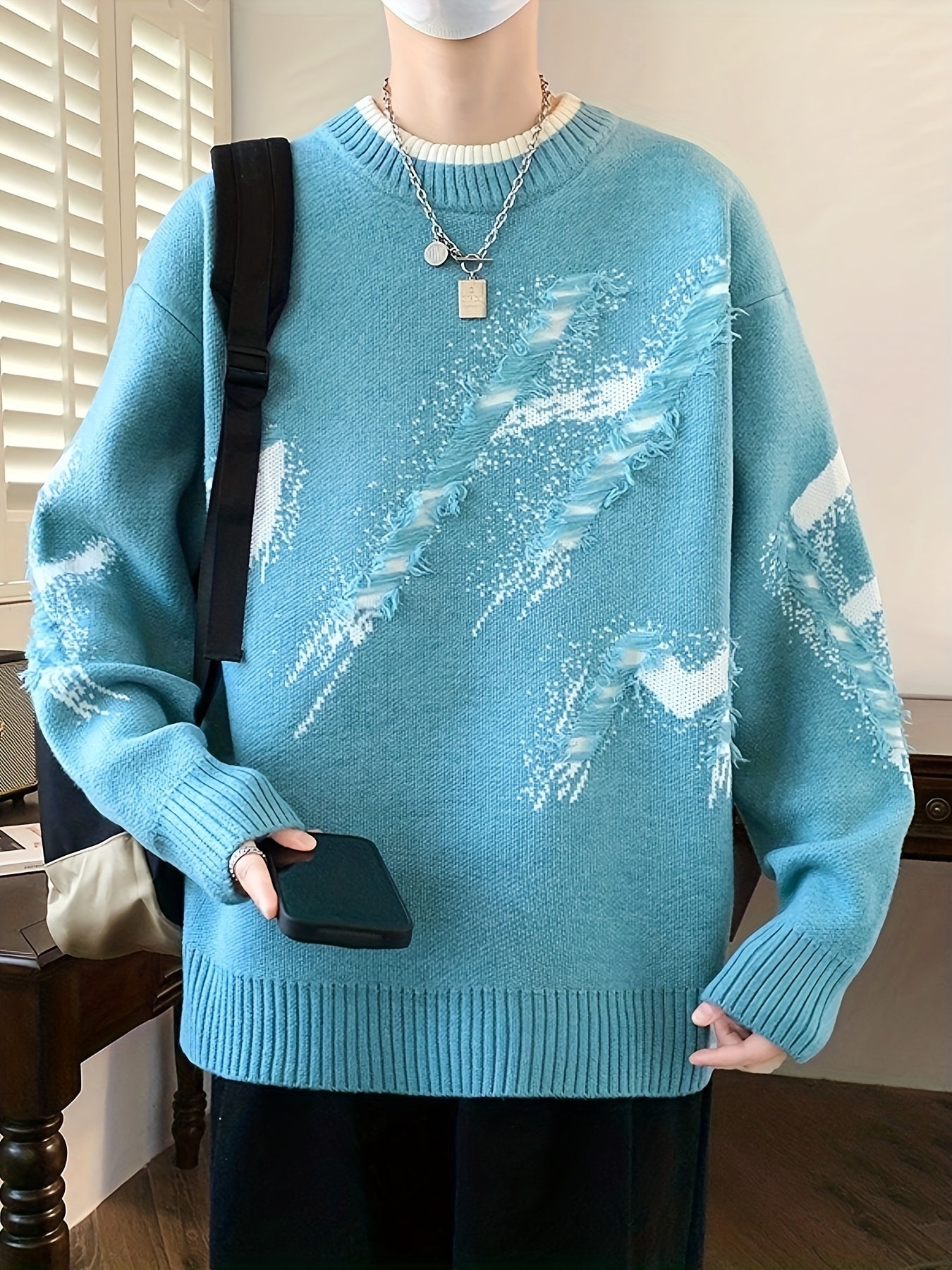Cozy Loose Fit Color Block Frayed Knitted Pullover Sweater