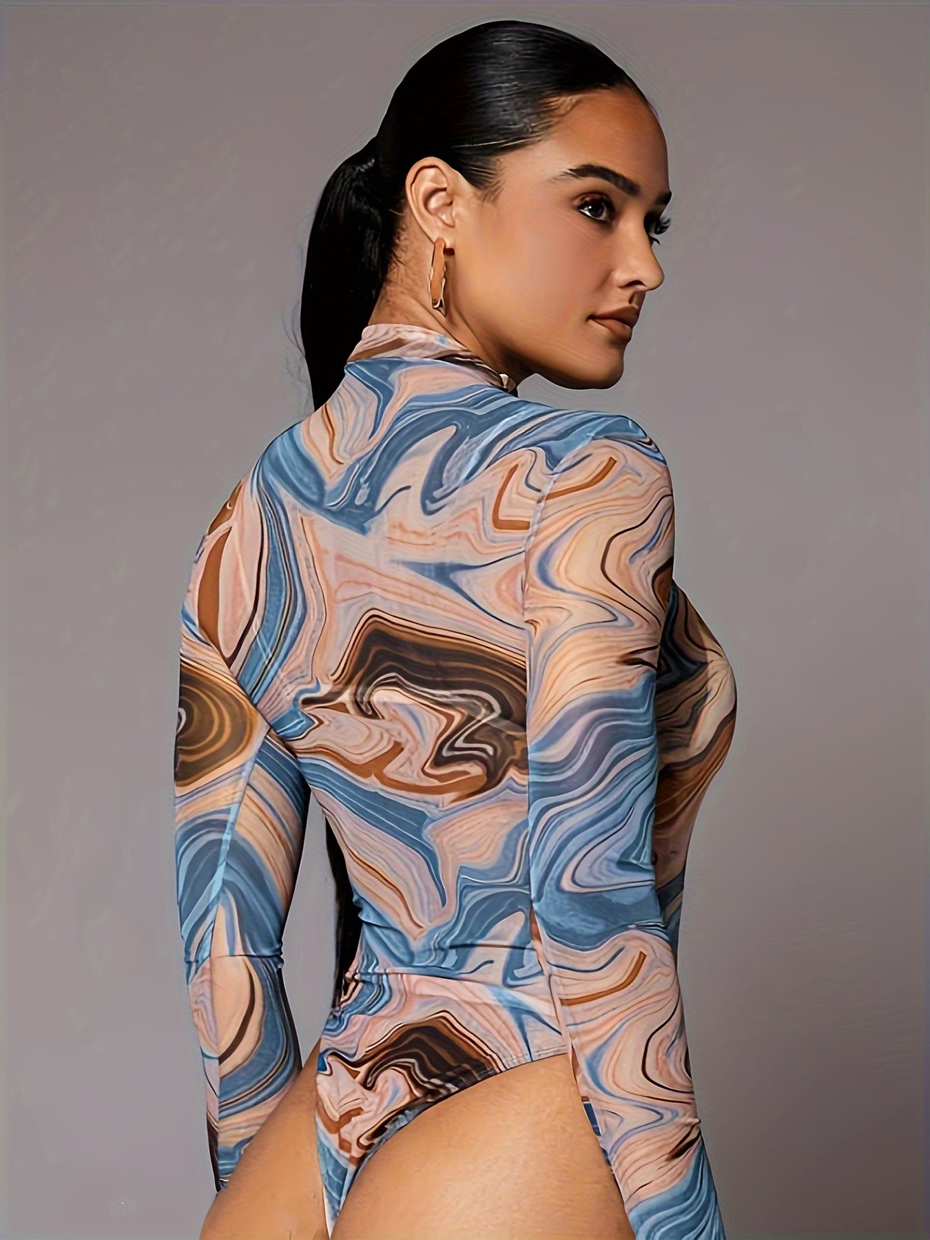 Marble Print Mock Neck Mesh Bodysuit
