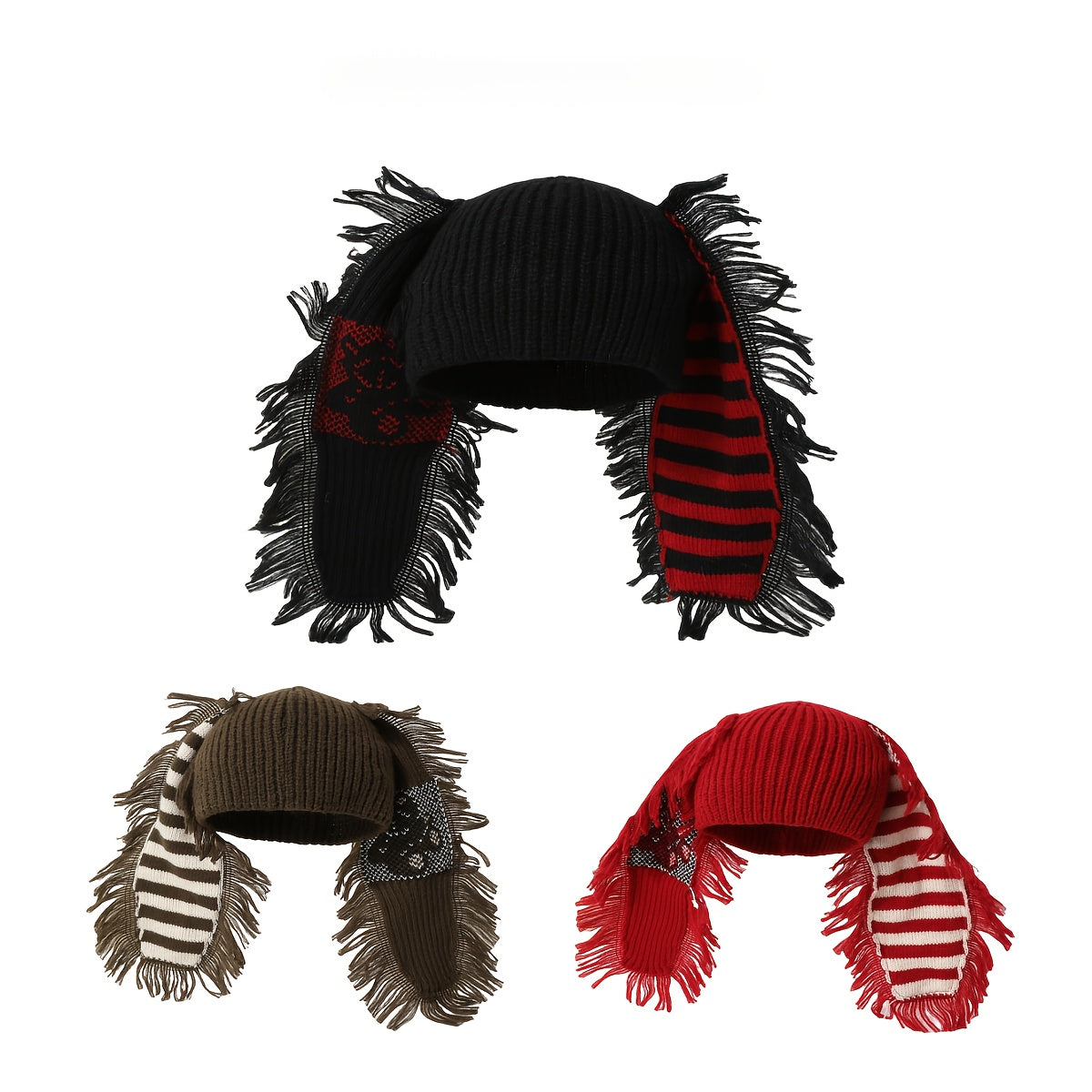 Chic Rabbit Ear Knit Beanie with Striped Tassel